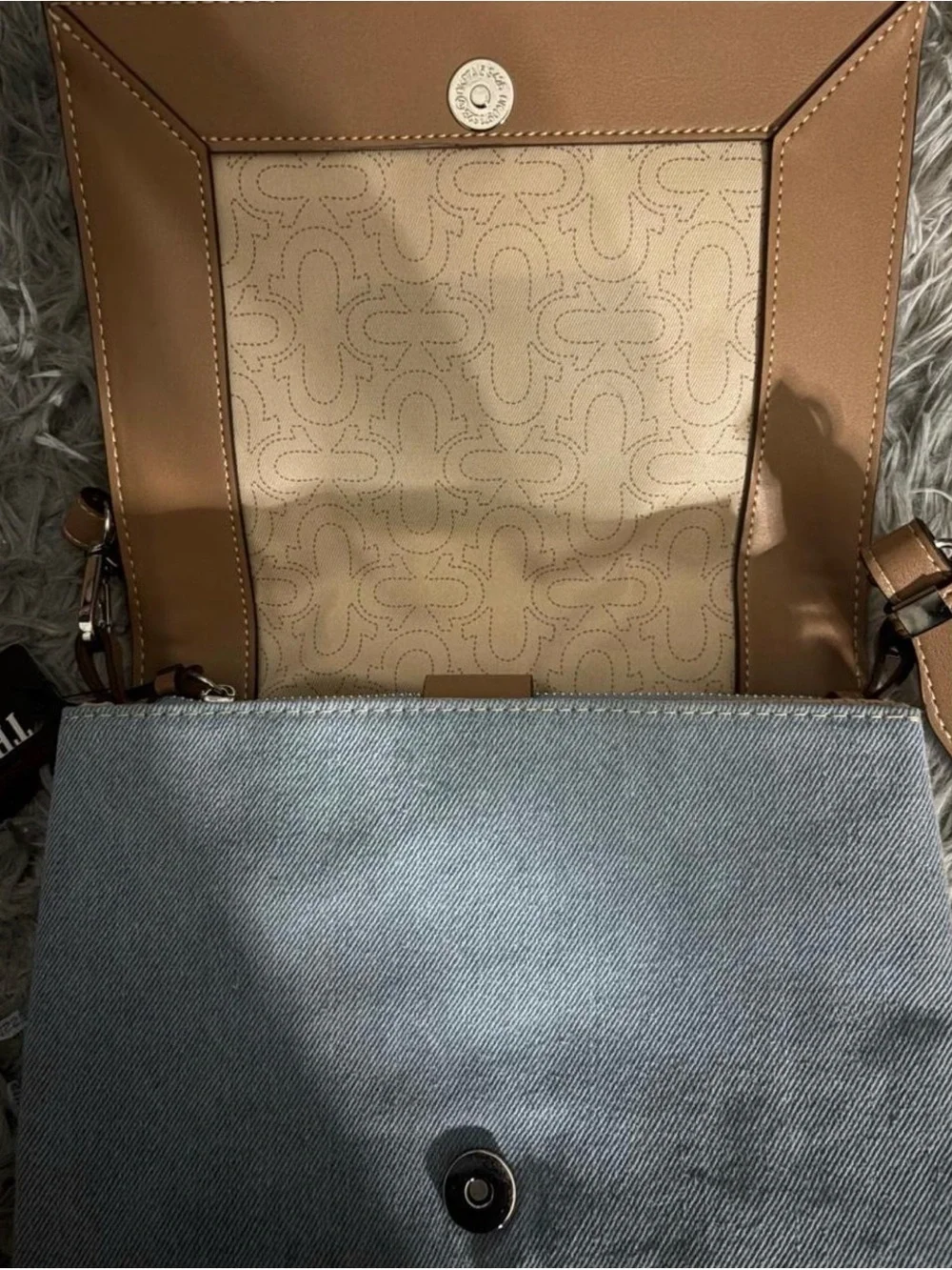 True Religion Light Blue Denim Crossbody with Tan Trim